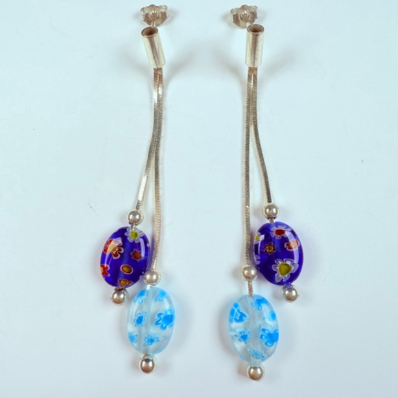 Jewelry - Blown Lamp Work Glass Bead Sterling Silver 925 Long Drop Vintage 2.3" Earrings